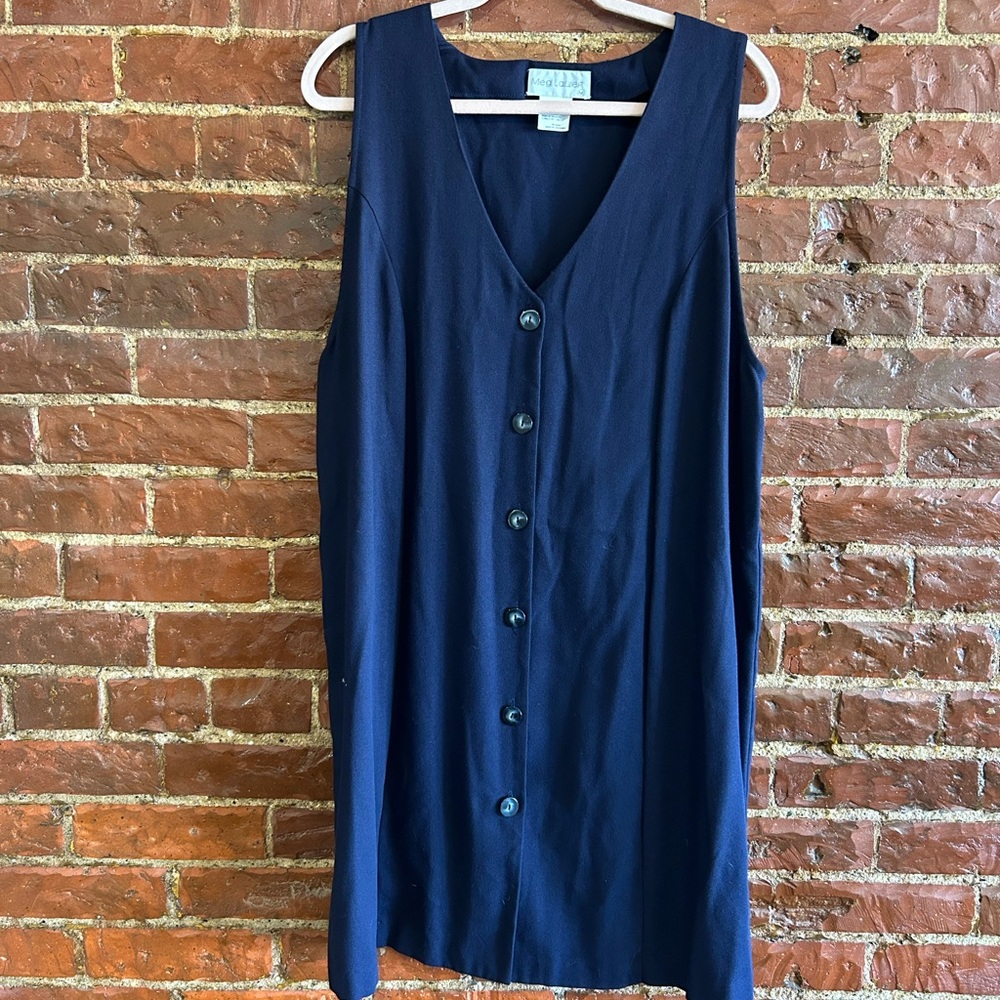 Vintage Meg Lauren Size Medium Navy Blue Button Down Tie Back Sundress
